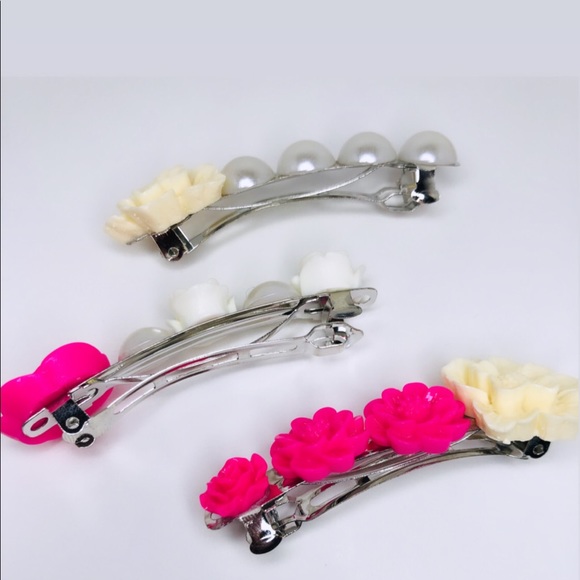 ♡ 2 for 20$ ♡Pink Pearl Flower Hair Barrette Clips - Picture 7 of 7